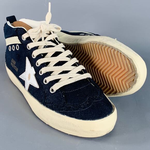 GOLDEN GOOSE MIDSTAR Size 7 Navy Cream Canvas Distressed Mid Top Sneakers - Picture 5 of 7